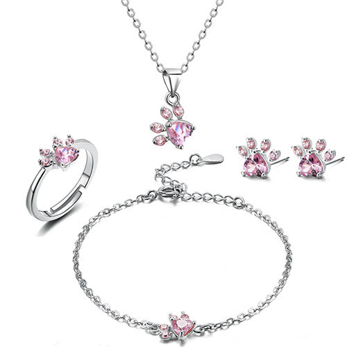 Paw Jewelry Set for Women – 4-Piece | Rose Gold with Zirconia Heart – Ring, Necklace, Earrings & Bracelet