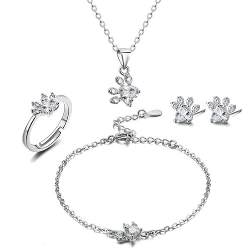 Paw Jewelry Set for Women – 4-Piece | Rose Gold with Zirconia Heart – Ring, Necklace, Earrings & Bracelet