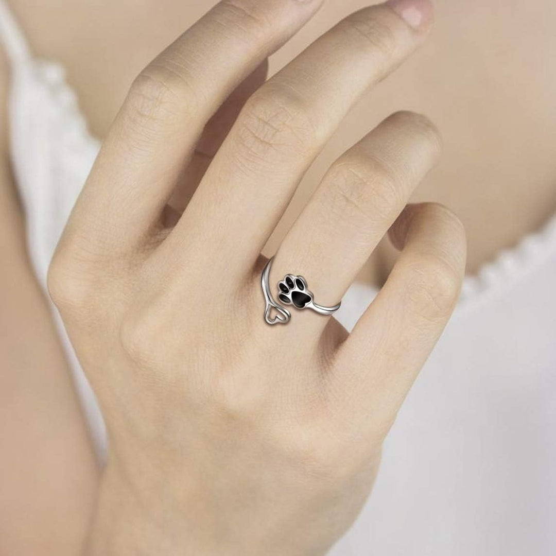 Handcrafted Paw Print Heart 925 Sterling Silver Adjustable Ring