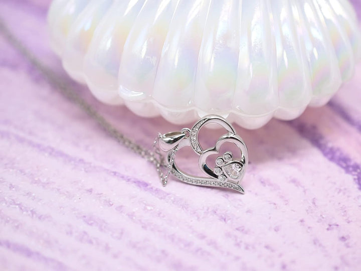 Paw Necklace for Women – Sterling Silver Heart Pendant with Paw Print and Zirconia