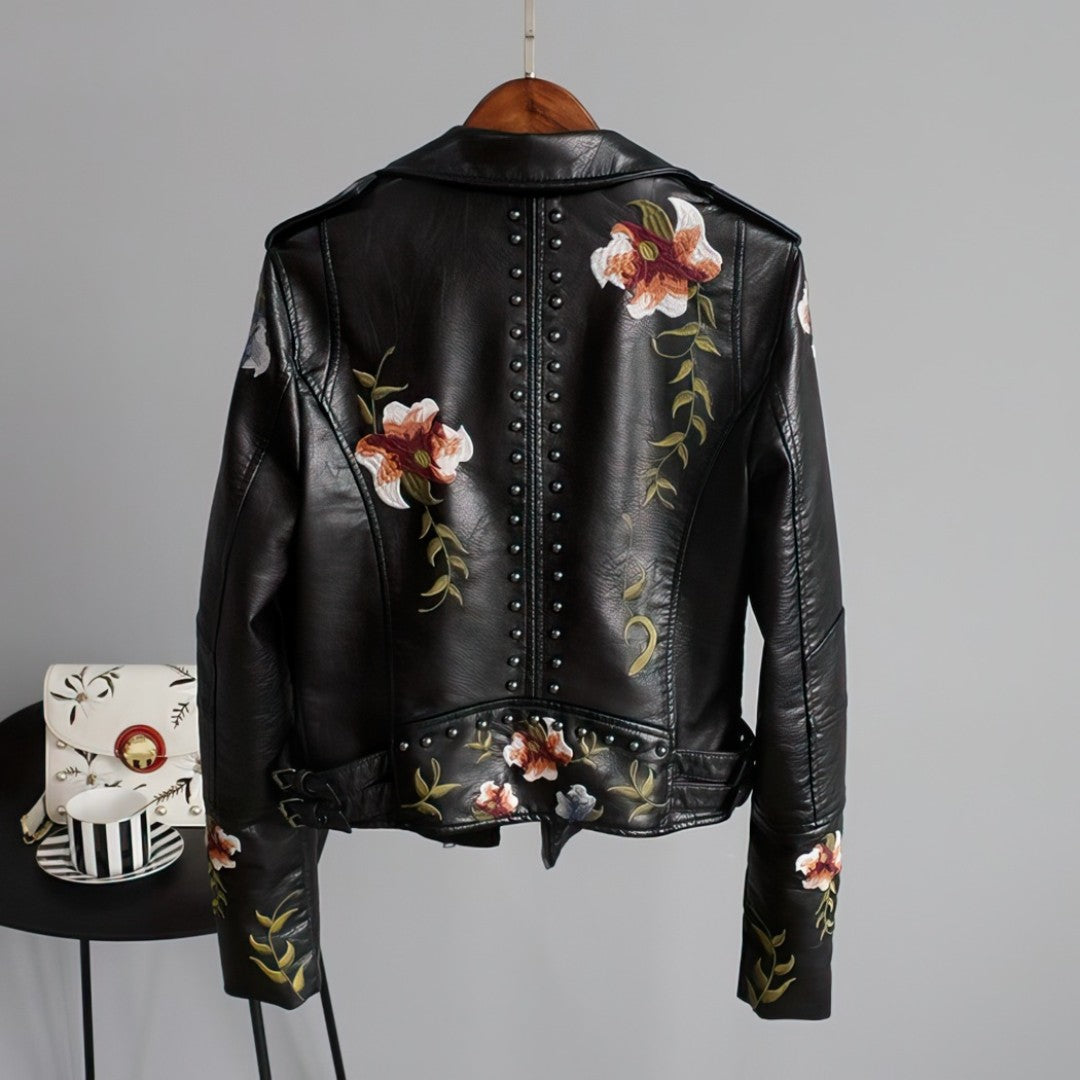 AMELIA - Leren jas met geborduurde bloemen