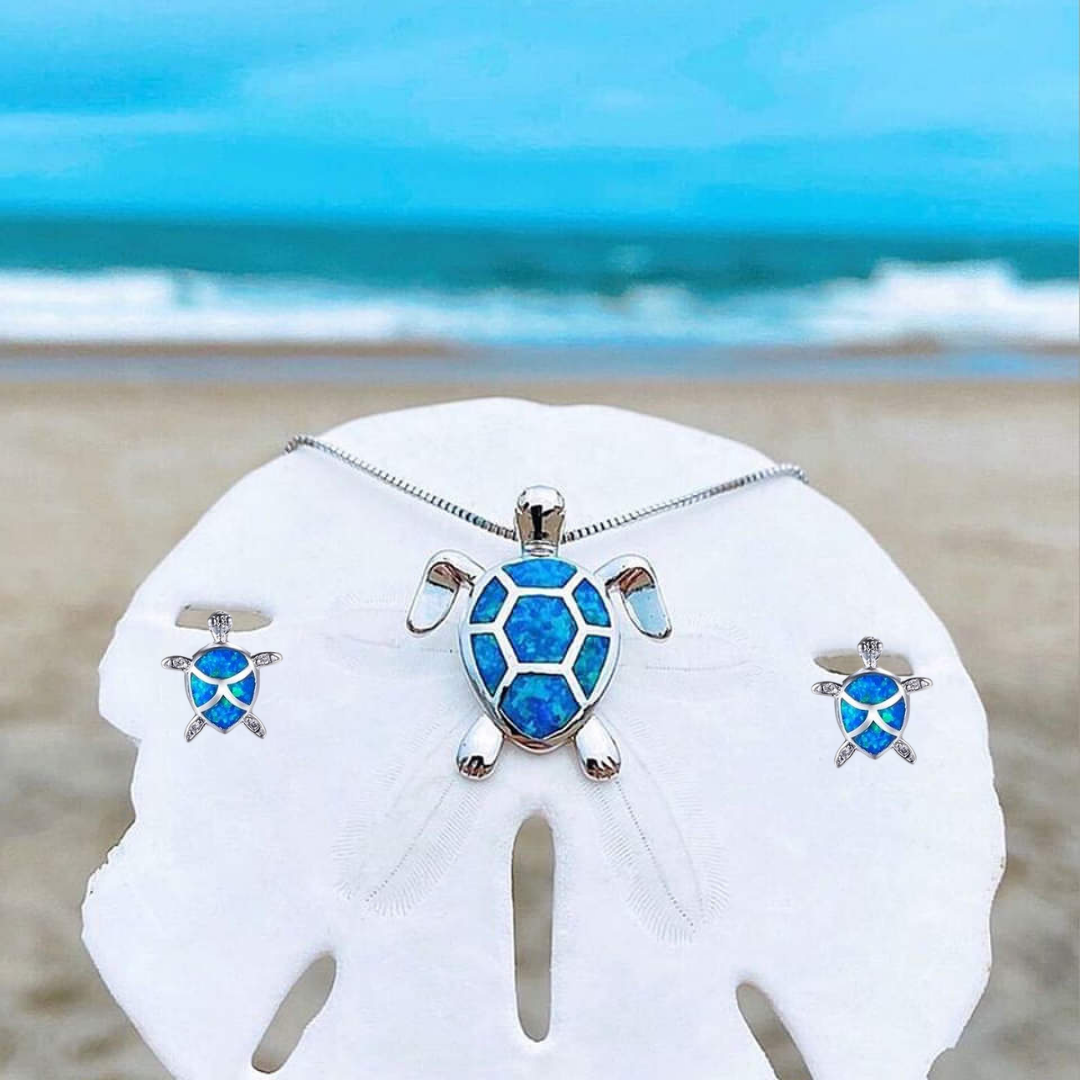 Sea Turtle Set – Silver Necklace & Earrings with Opal