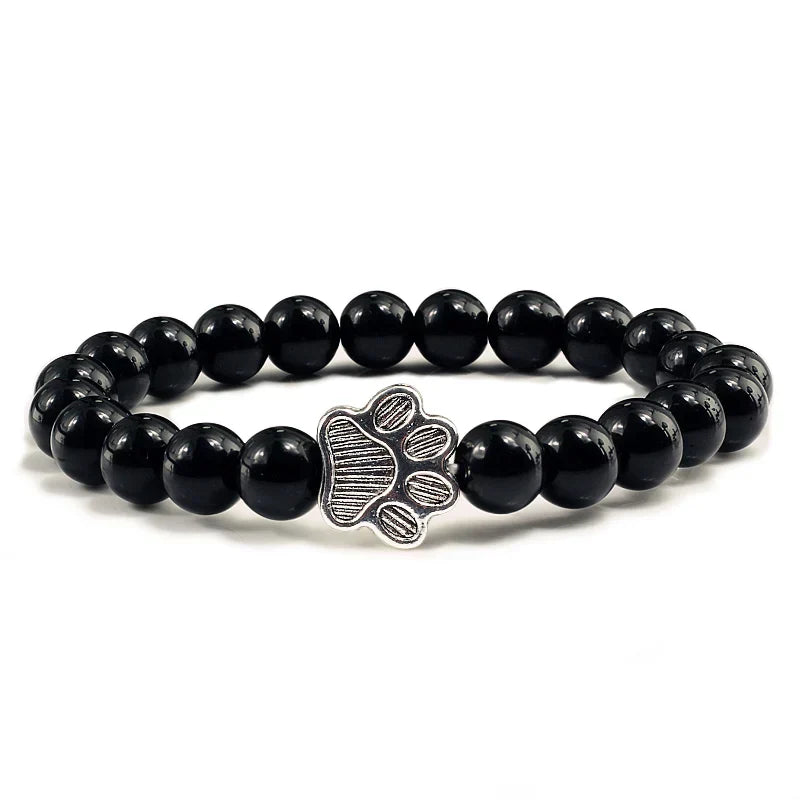 Natural Stone Bracelet with Paw Pendant – Elastic Beaded Bracelet for Men & Women