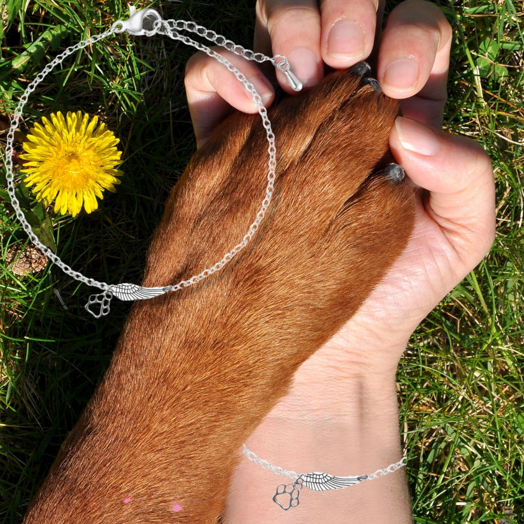 Silver Memorial Bracelet with Angel Wings & Paw Print | Handmade