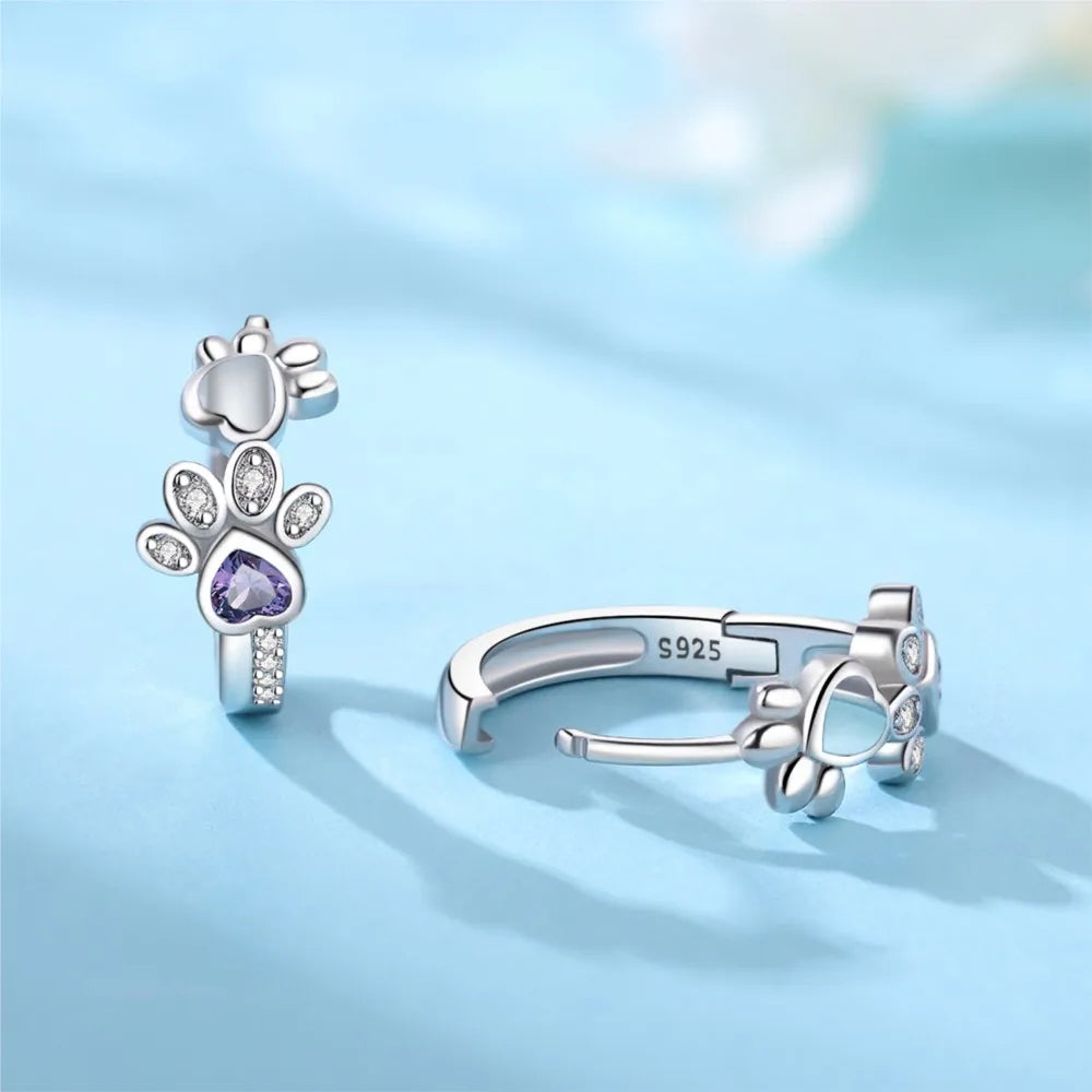 Paw Hoop Earrings made of 925 Sterling Silver – Zirconia & Heartstone Jewelry for Women