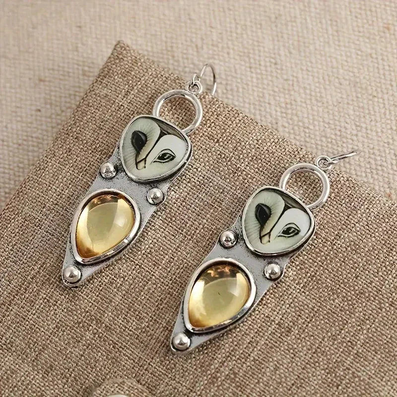 Owl Earrings with Champagne-Colored Drop Stone