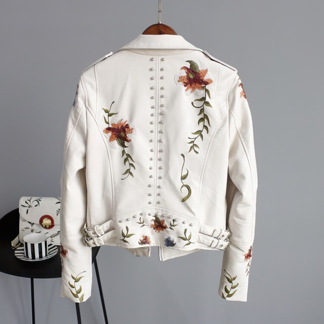 AMELIA - Leren jas met geborduurde bloemen